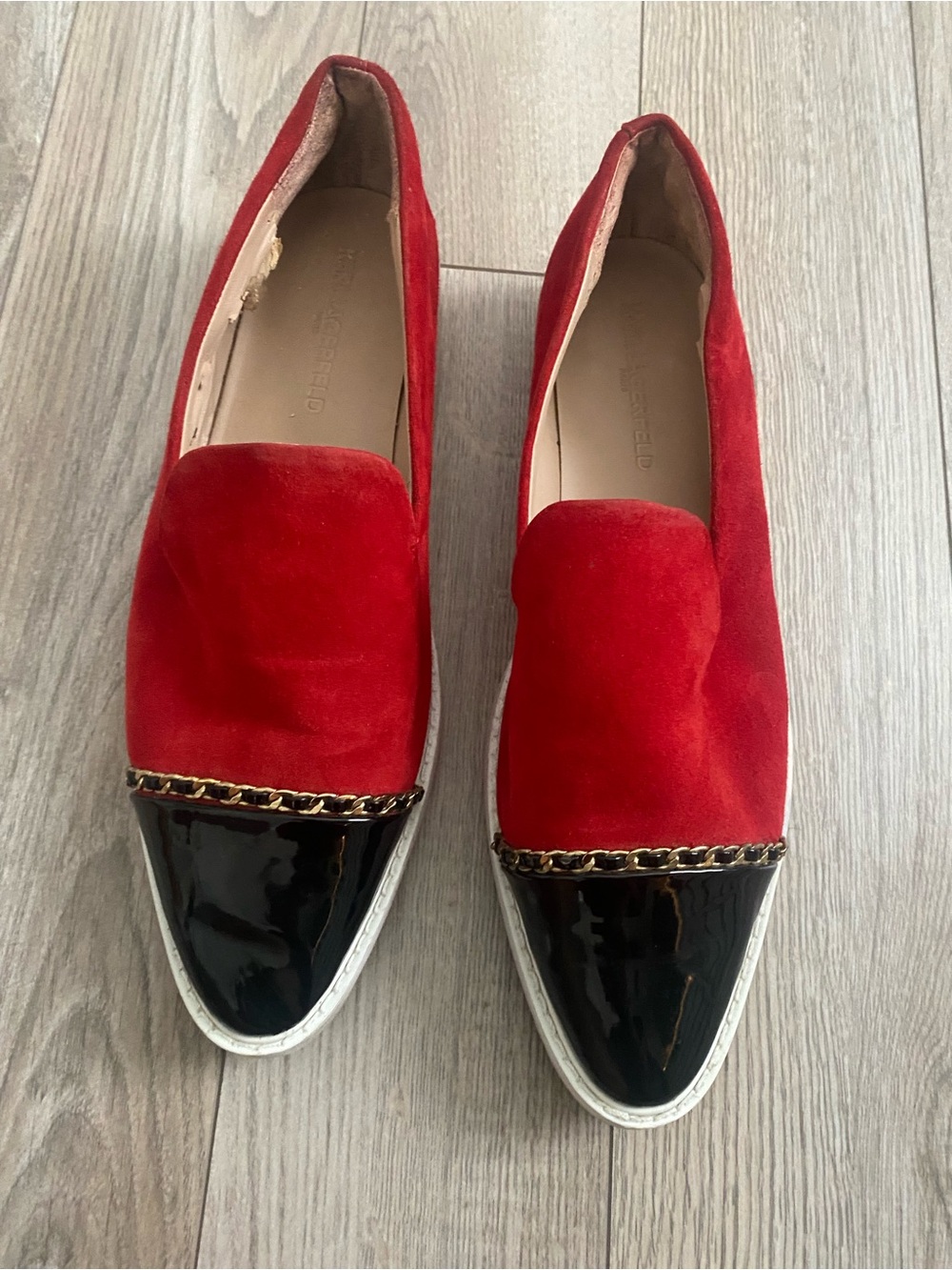 Karl Lagerfeld Red Suede Slip-On Loafers with Black Patent Cap Toe